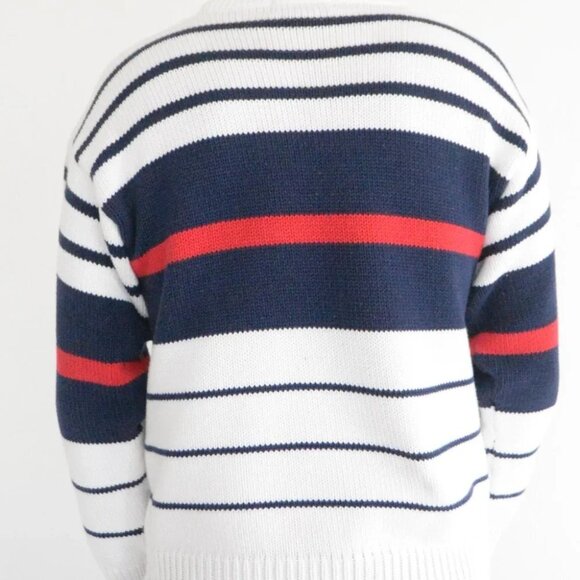 Vintage Eddie Bauer White with Red and  Blue Stripes Knit Crewneck Sweater L - Picture 3 of 11